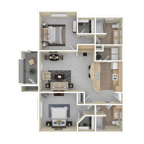 Modern 3D floor plan showcasing 2 bedrooms, open-concept living and dining area, spacious kitchen, and two elegant bathrooms with ample storage.