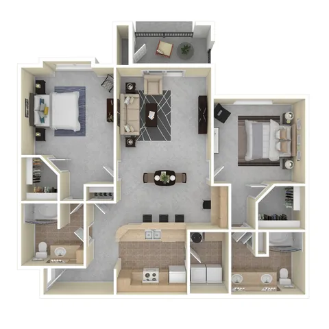 Elegant 3D floor plan featuring 2 spacious bedrooms, a modern kitchen with breakfast bar, open living and dining area, and 2 luxurious bathrooms.