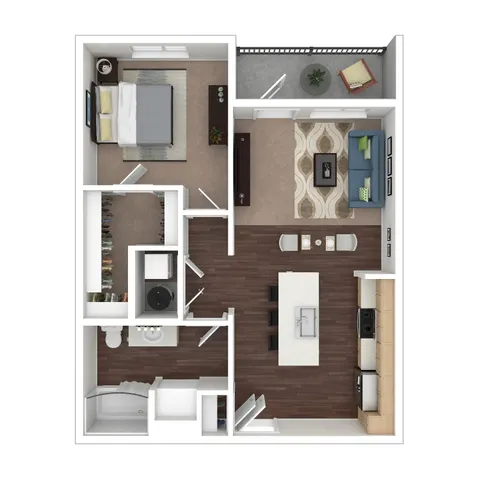 Modern 1-bedroom floor plan featuring an open living and dining area, sleek kitchen, spacious bedroom with walk-in closet, and a cozy balcony.