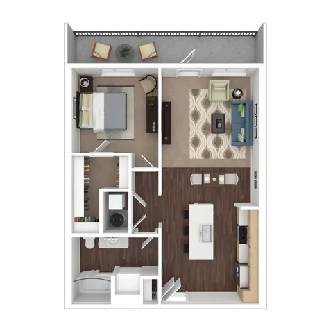 Modern floor plan showcasing a spacious 1-bedroom apartment with open-concept living area, sleek kitchen, and cozy private patio.