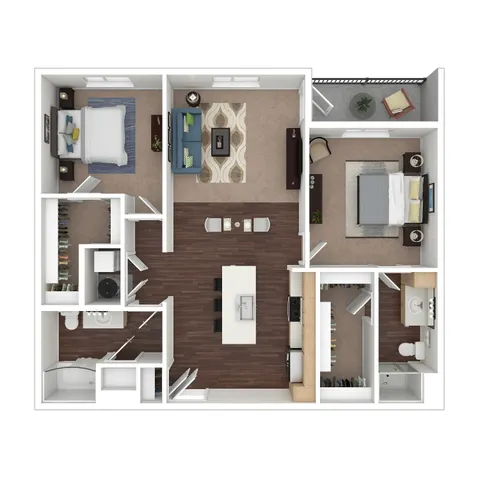Chic 2D floor plan showcasing 2 spacious bedrooms, a modern kitchen, elegant living area, and two stylish bathrooms.