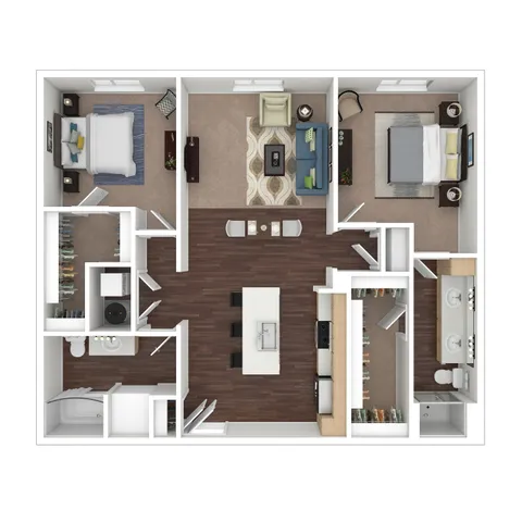 Modern 3D floor plan showcasing a chic layout with two bedrooms, a spacious open-concept living and dining area, stylish kitchen, and two bathrooms.