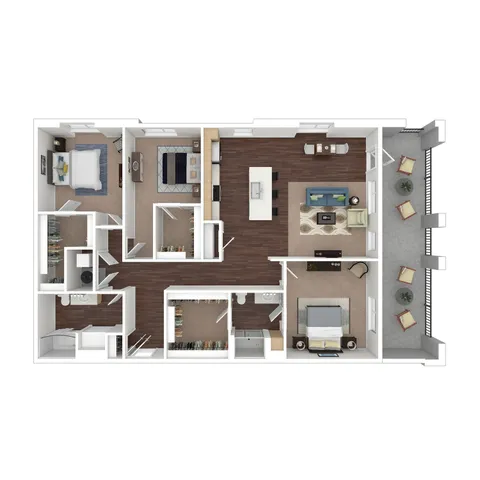 Chic 3D floor plan featuring 2 elegant bedrooms, modern kitchen with island, cozy living room, and spacious balcony, perfect for stylish living.