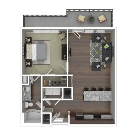 Modern floor plan showcasing a one-bedroom apartment with an open-concept living and dining area, sleek kitchen, spacious bathroom, and inviting balcony.