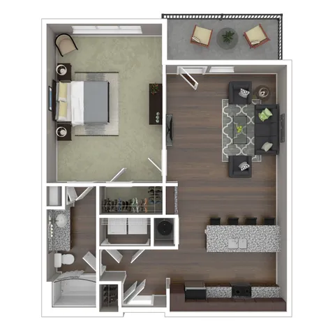 Inviting 1-bedroom apartment floor plan with spacious living area, modern kitchen, and charming balcony for relaxation.
