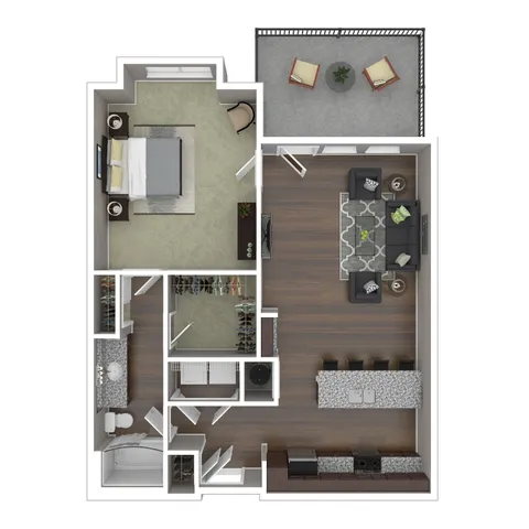 Modern open-concept floor plan featuring a cozy bedroom, stylish living area, gourmet kitchen, and private balcony.
