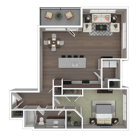 Modern 2D floor plan featuring a spacious living area, contemporary kitchen with island, cozy bedroom, and stylish balcony with seating.