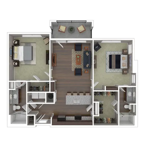 Elegant 3D floor plan showcasing 2 bedrooms, stylish open-concept living area, and modern kitchen with island. Features two bathrooms, walk-in closets, and a cozy balcony space.