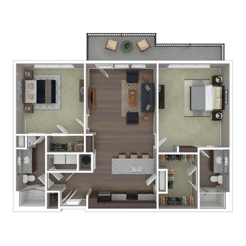 Modern apartment floor plan featuring 2 spacious bedrooms, open-concept living area, sleek kitchen with island, and two stylish bathrooms, complemented by a cozy balcony.