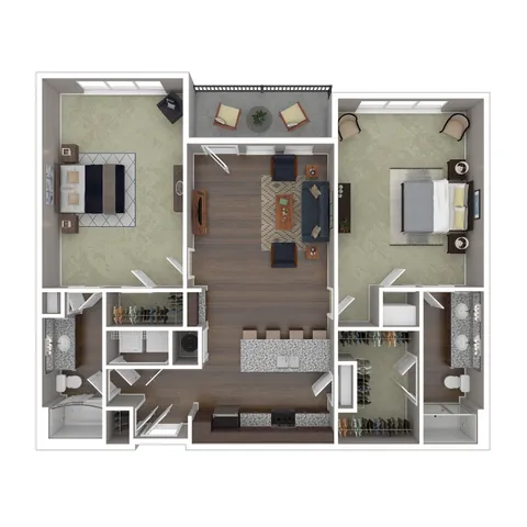 Modern 3D floor plan featuring two spacious bedrooms, an open-concept living area with stylish furnishings, a sleek kitchen with an island, and two elegant bathrooms. Includes a cozy balcony with seating.