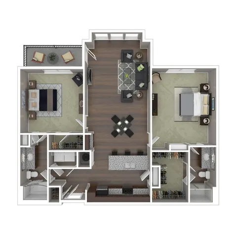 Modern 2D floor plan showcasing 2 bedrooms, spacious living area, and open kitchen with stylish island. Includes two bathrooms and elegant balcony seating area.