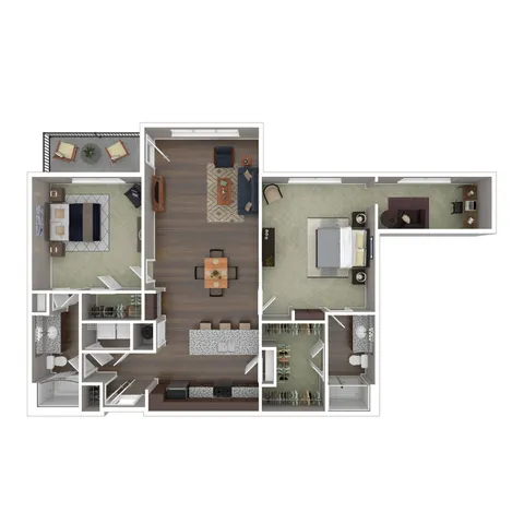 Modern 2D floor plan displaying 2 bedrooms, an inviting open living area, and a sleek kitchen with island seating.