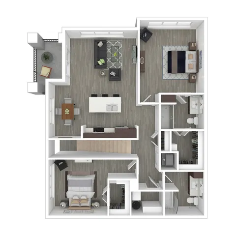 Modern 3D floor plan showcasing a spacious two-bedroom apartment with an open-concept kitchen and living area, stylish balcony, and elegant bathrooms.