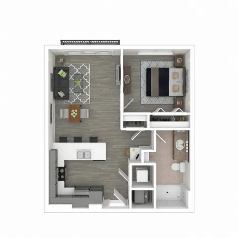 Modern 1-bedroom apartment floor plan with a cozy living area, sleek kitchen, spacious bathroom, and a balcony ideal for relaxation.