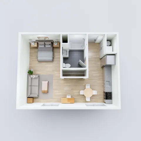 Modern 3D floor plan showcasing a cozy one-bedroom apartment with an inviting open-plan living and dining area next to a sleek kitchen.