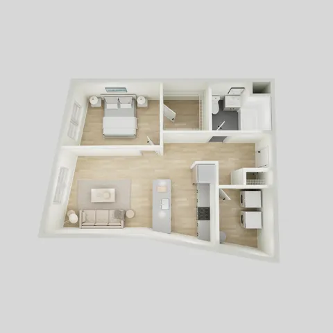 Modern 3D floor plan showcasing a cozy single-bedroom apartment with open-concept living and dining area, sleek kitchen, spacious bathroom, and convenient laundry space.