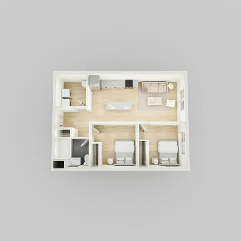 Modern 3D floor plan showcasing a sleek and efficient apartment layout with two cozy bedrooms, a stylish open-concept living room, a fully-equipped kitchen, and a neatly arranged bathroom.