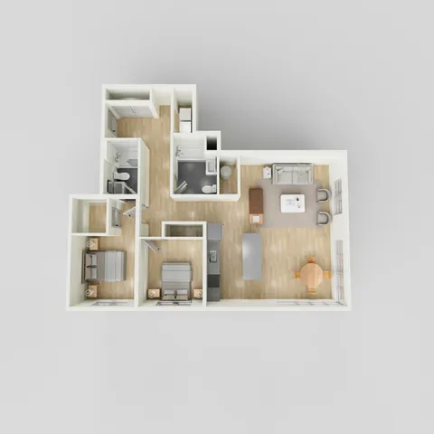 Modern 2D floor plan showcasing 2 bedrooms, cozy living area, open kitchen, and elegant dining space.