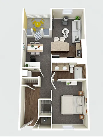 Modern 3D floor plan showcasing a cozy apartment with one bedroom, open living and dining area, stylish kitchen, and private balcony.
