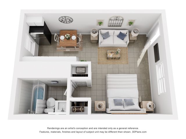 Charming 3D floor plan showcasing a cozy open-plan apartment with a stylish living room, modern kitchen, and elegant bedroom layout.