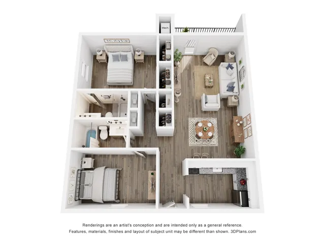 Inviting 3D floor plan showcasing a cozy 2-bedroom layout with a modern open-plan living and dining area, sleek kitchen, and two stylish bathrooms.