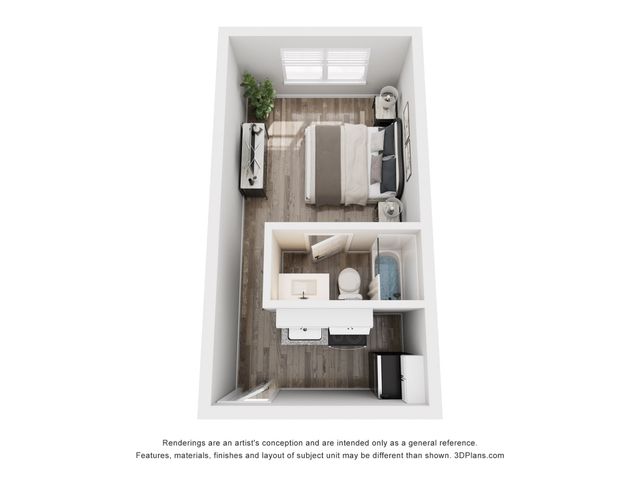 Sleek 3D floor plan featuring a cozy bedroom with modern decor, a compact bathroom, and stylish wooden flooring.