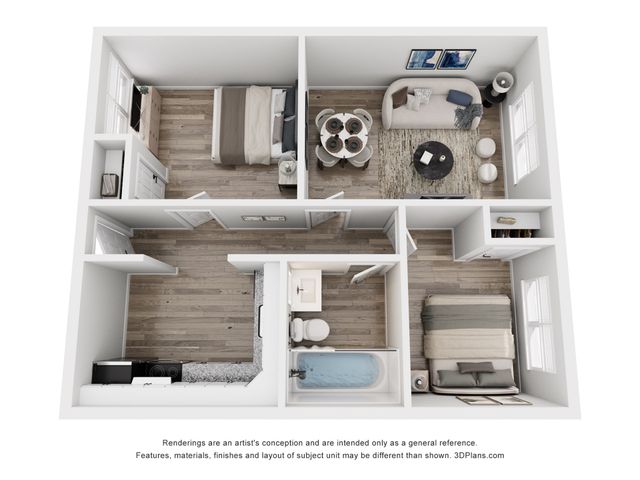 Modern 3D floor plan showcasing a cozy two-bedroom apartment with an inviting living room, stylish open-concept kitchen, and spacious bathroom.