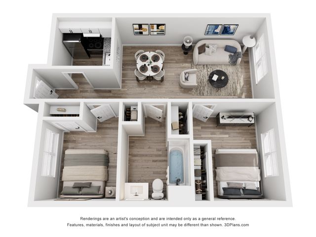 Modern 3D floor plan showcasing two cozy bedrooms, an inviting open-concept living and dining area, and a sleek kitchen, designed for comfort and style.