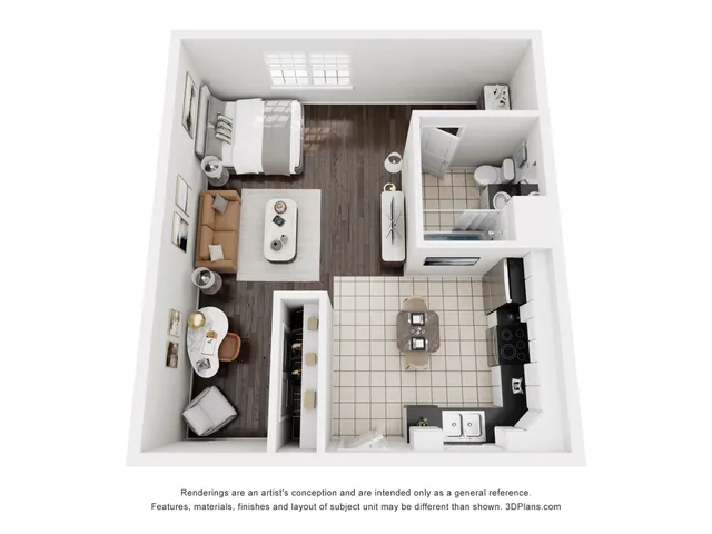 Chic studio apartment layout featuring cozy living area, modern kitchen, and elegant bathroom.