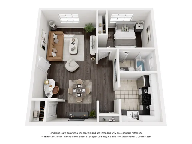 Inviting 3D floor plan featuring a cozy one-bedroom apartment with a modern kitchen, stylish living area, and a sleek bathroom, perfect for urban living.