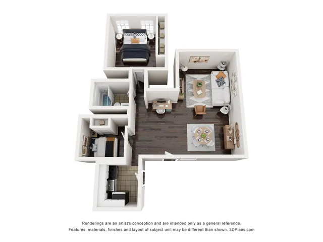 Charming 3D floor plan showcasing modern one-bedroom apartment with open-concept living area, cozy kitchen, and stylish dining space.
