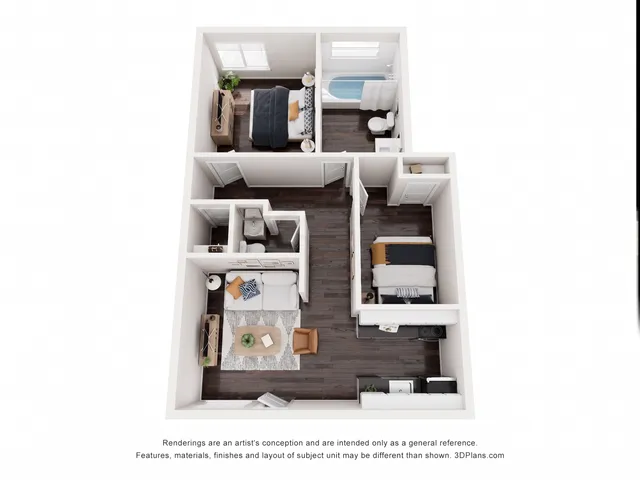 Modern 3D floor plan showcasing a cozy 2-bedroom apartment with a sleek living room, a compact kitchen, and a stylish bathroom.