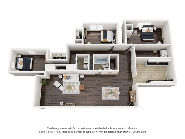 Spacious 3D floor plan showcasing a contemporary apartment with two bedrooms, a stylish living room, modern kitchen, and elegant dining area.