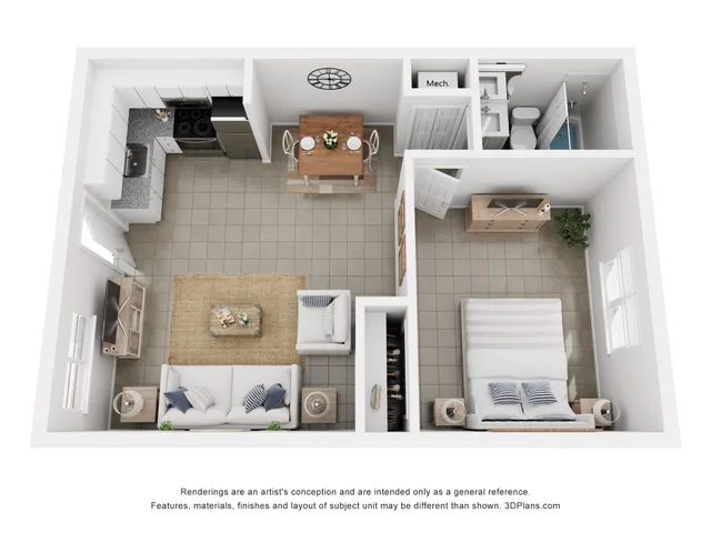 Inviting 3D floor plan featuring a modern one-bedroom apartment with an open-concept kitchen and living area, cozy dining space, and sleek bathroom.