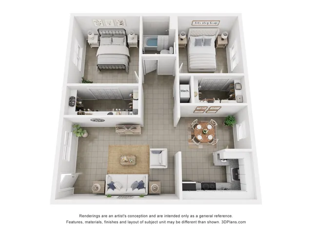 Charming 3D floor plan showcasing 2 bedrooms, cozy living area, modern kitchen, and elegant dining space.