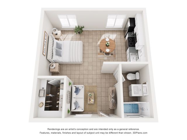 Charming Studio apartment floor plan highlighting a cozy living area, modern kitchen, and stylish bathroom.
