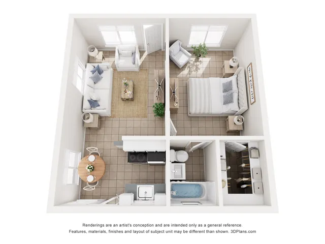 Charming 1-bedroom apartment floor plan showcasing an inviting living area, cozy kitchen, and modern bathroom.