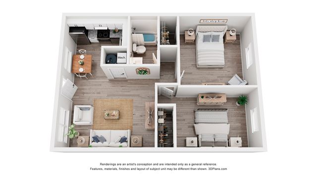 Charming 2D floor plan displaying an efficient layout with two bedrooms, a cozy living space, modern kitchen, and a sleek bathroom.