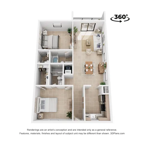 Modern 3D floor plan showcasing 2 bedrooms, an inviting open-plan living room, and a sleek kitchen with dining area.