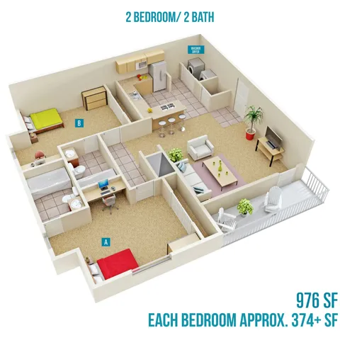 Modern 3D floor plan showcasing a 2 bedroom, 2 bath apartment with an open kitchen, cozy living area, and private balcony. Includes convenient washer and dryer setup, with a total area of 976 sq ft.