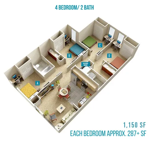 Elegant 2D floor plan showcasing four spacious bedrooms and two modern bathrooms, featuring an open-concept living and dining area, fully-equipped kitchen, and in-unit washer dryer, totaling 1,150 sq ft. Each bedroom offers generous space of approximately 287+ sq ft.