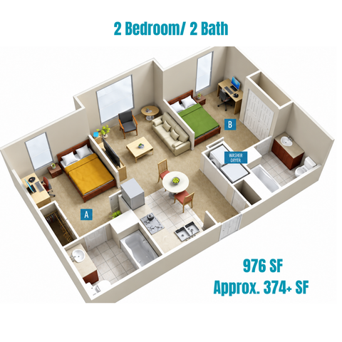 Modern 2-bedroom, 2-bathroom apartment floor plan with open living area, cozy bedrooms, and efficient kitchen. Includes in-unit washer and dryer, covering 976 SF, with additional 374+ SF of approximate space.