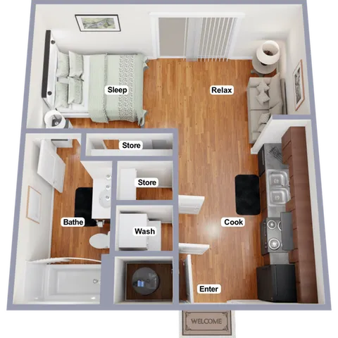 Inviting Studio apartment floor plan featuring a cozy living area, modern kitchen, and sleek bathroom, designed with stylish wood flooring and ample storage space.