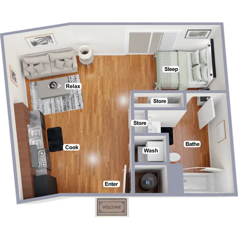 Charming floor plan showcasing a cozy studio apartment with an inviting open-concept living area and a modern kitchen.