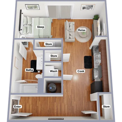 Inviting 3D floor plan featuring a cozy studio apartment, modern kitchen, stylish living area, and well-appointed bathroom with ample storage space.