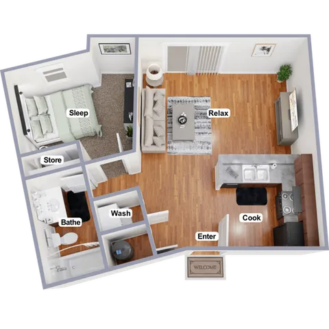 Modern furnished apartment floor plan featuring a cozy bedroom, open-concept living and kitchen area, and a stylish bathroom. Ideal for functional living with designated spaces for relaxing and cooking.