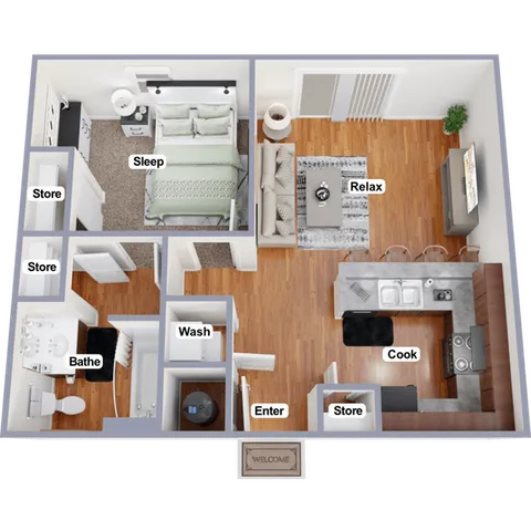 Inviting 1-bedroom furnished apartment floor plan with cozy living area, modern kitchen, and convenient storage spaces.