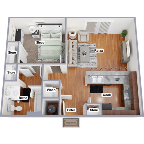 Modern furnished apartment floorplan featuring a spacious bedroom, stylish living room, gourmet kitchen with island, and elegant bathroom; includes welcome entryway and multiple storage spaces for convenience.