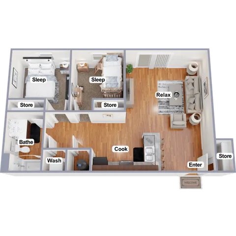 Modern furnished floorplan illustrating 2 spacious bedrooms, open living area, and sleek kitchen featuring hardwood floors.
