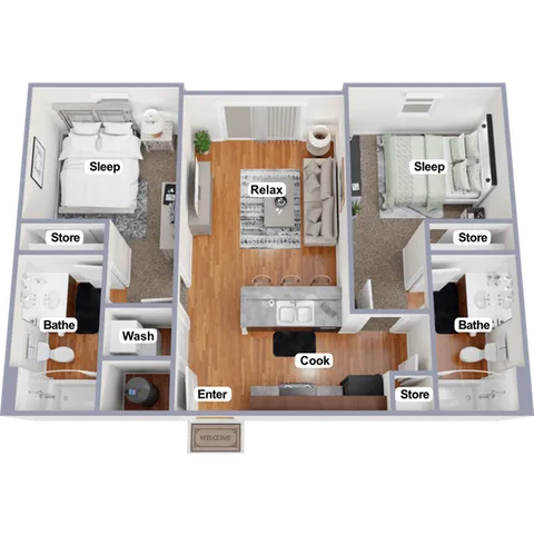 Modern furnished floorplan showcasing a welcoming two-bedroom apartment with open-concept living, stylish kitchen, and cozy living area, featuring ample storage and convenient amenities.